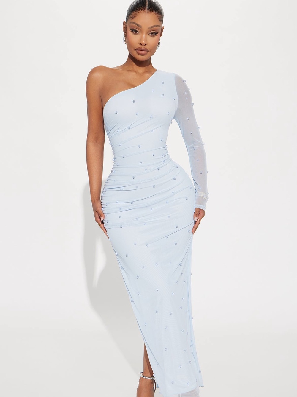 Fashion Nova - Fiona Embellished Mesh Maxi Dress in Light Blue